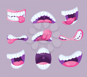 Funny vector comic mouths expressing different emotions. Fun pharynx with tooth and pink tongue illustration
