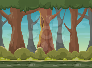 Cartoon seamless forest vector background for smartphone app and computer games. Green wood with trees gui illustration