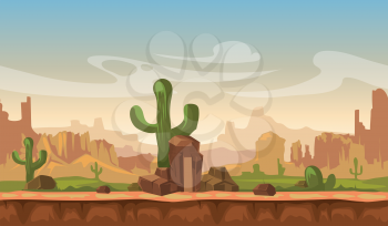 Cartoon america prairie desert landscape with cactus, hills and mountains. game seamless vector background. Interface for computer game illustration