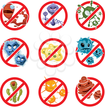 Anti bacteria and germs vector signs set. Ban bacterium and bacillus, danger microorganism illustration