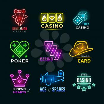 Neon light poker club and casino vector signs set. Fortune and risk, illumination logotype illustration