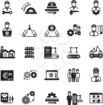 Engineering manufacturing industrial vector icon set. Process conveyor mechanical, operation automatic processing illustration