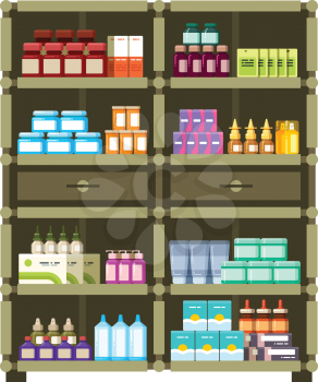Pharmacy shelves with medical box and bottles for drugs flat vector concept. Illustration of vitamin and antibiotic for medication