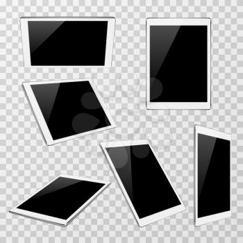 White vector tablet at different angles of view isolated on transparent plaid background. Set of modern portable gadget illustration