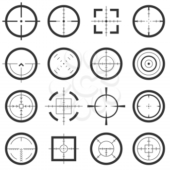 Crosshairs vector icons set. Target and aiming to bullseye illustration