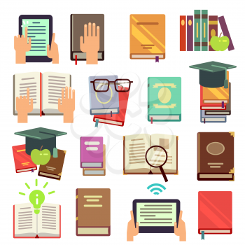 Library, books reading flat vector icons. Literature for study in school and university illustration
