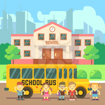 School building, bus and pupils. Back to school vector flat concept