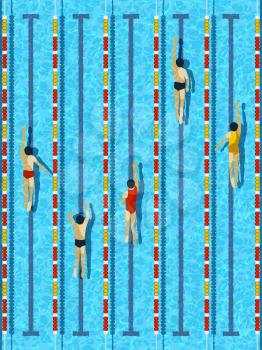 Top view swimming pool, aquatic race water basin with several athlete swimmers vector illustration