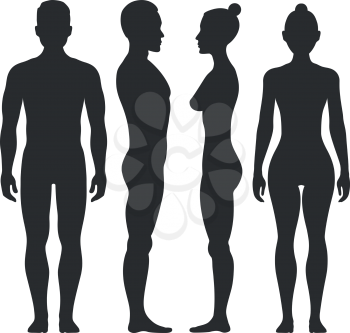 Man and woman vector silhouettes in front and side view. Illustration of body male and female illustration