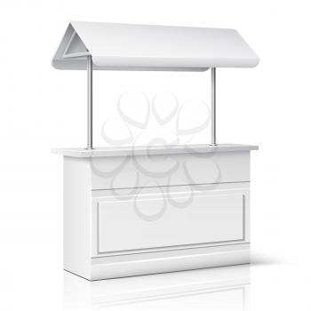 Market, store empty stand for trade information and business presentation vector illustration. Promotion counter, kiosk and promo stall