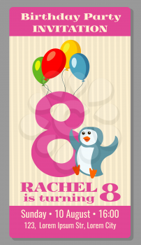 Kids birthday party invitation card with funny penguin. Vector illustration