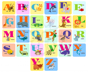 Kids full alphabeth for education and learning with cartoon animals vector illustration