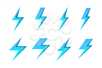 Set of blue lightnings isolated over white background. Vector illustration