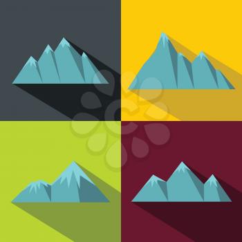 Mountain blue icons with long shadow on color background. Climbing logo with mountain. Vector illustration