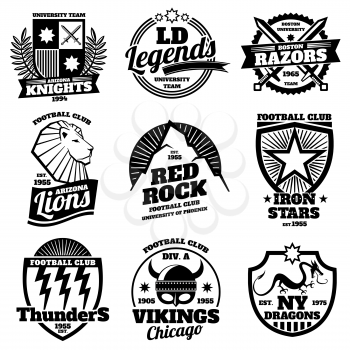 College athletic labels, varsity emblems, vintage sports teams badges, university t shirt design vector. Set of logos for sport team, illustration emblem of university football team