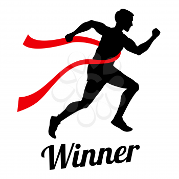 Winner runner crossing finish line, sports champion vector concept. Man runner on finnish, illustration of victory and achievement man in competition