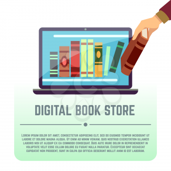 Electronic library, online documents, digital book store, books on computer screen vector education concept. Online library with book information, illustration of library with literature in laptop