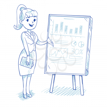 Businesswoman presenting business company development charts. Hand drawing woman teacher presentation charts and diagrams. Vector illustration