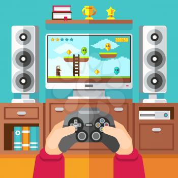 Teenager gaming video game with gamepad and play and entertainment station vector illustration. Boy playing in video game with joystick