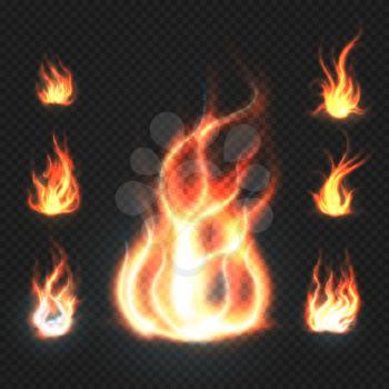 Realistic orange and red fire flames, fireballs isolated on transparent background vector illustration. Collection of orange fire, spurts of flame