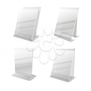 Business information transparent plexiglass empty holders vector set. Plexiglass frame for card message illustration plexiglass display blank