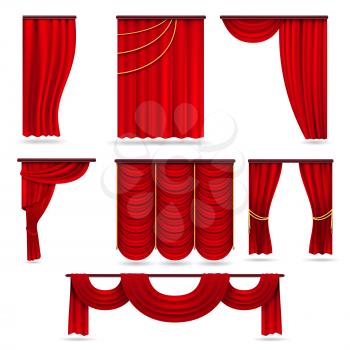 Red velvet stage curtains, scarlet theatre drapery isolated on white vector set. Silk classical curtains for opera decor, presentation red theater curtain illustration