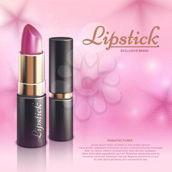 Cosmetics design advertising template with lipstick, 3d colorful makeup vector background. Banner with lipstick, illustration of beauty glossy advertising lipstick