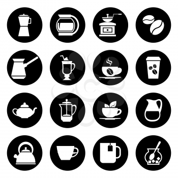 Coffee vector icons set in black and white. Hot beverage black illustration
