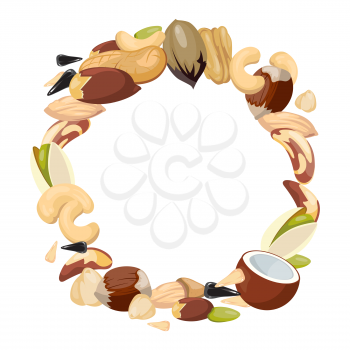 Various nuts blank frame vector illustration. Natural food in round frame
