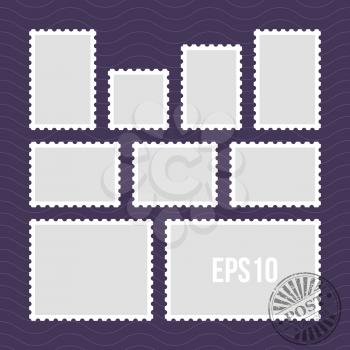 Postage stamps with perforated edge and mail stamp vector template. Set of postal stamp frame, illustration of stamp for mail