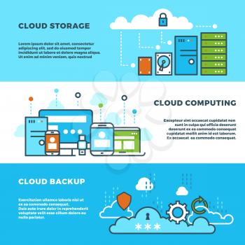 Cloud computing solution, data storage business services, information technology vector banners set. Cloud storage banner concept, illustration of cloud backup and computing