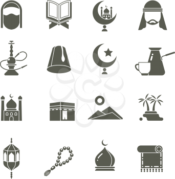 Muslim islamic middle east religion vector icons. Ramadan kareem pictograms. Traditional religious eastern, illustration of tradition religion arab