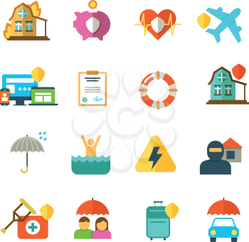 Long life insurance vector flat icons. Family money protection symbols. Insurance travel and family, illustration of insurance baggage