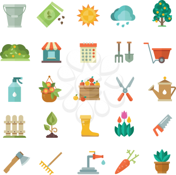 Garden tools, gardening equipment flat vector icons. Shovel and rake for garden, illustration of farm, garden with tree