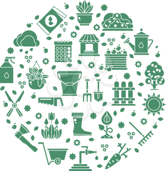 Gardening vector logo with garden tools icons. Green silhouette tools for agriculture gardening, equipment for gardening illustration