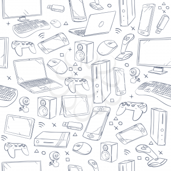 Computer game, device, social gaming vector sketch doodles seamless pattern. Doodle sketch joystick and gaming console, illustration of sketch background with smart device