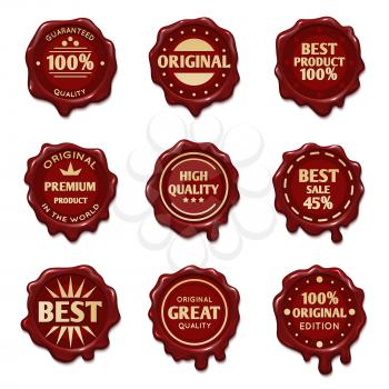 Old wax stamps with finest quality advertising text vector. Stamp wax premium, illustration of profitable red stamp