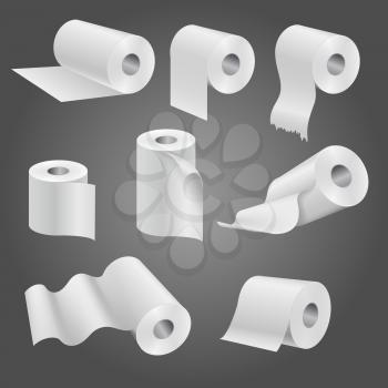 Toilet paper roll for bathroom and restroom, white soft kitchen towels vector set. Illustration of paper roll of set