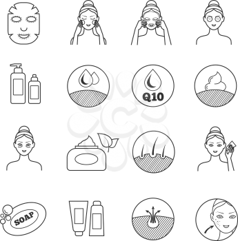Skin care vector icons. Prevention of aging and eliminating of wrinkle pictograms. Cosmetic skin care, illustration of prevention of skin aging