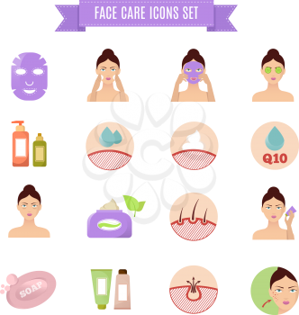 Healthy skin and care vector flat icons. Beauty spa icons, illustration of natural method spa skin