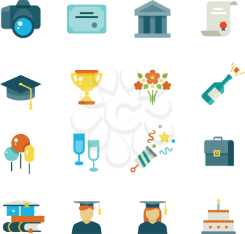 Graduate, student party college graduation vector flat icons. Award and achievement education, illustration of icons education