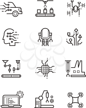 Robot technology and robotic machinery line vector icons. Artificial intelligence symbols. Artificial robotic automation, ai electronic robot illustration