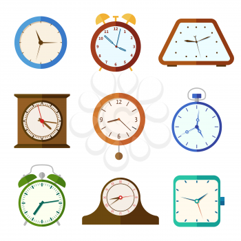 Wall clock and alarm clocks, time vector flat icons. Set of different clocks illustration