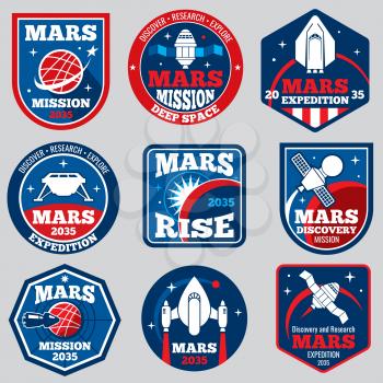 Mars mission vector space emblems. Astronaut travel badges. Set of labels travel to mars, illustration of adventure to planet mars