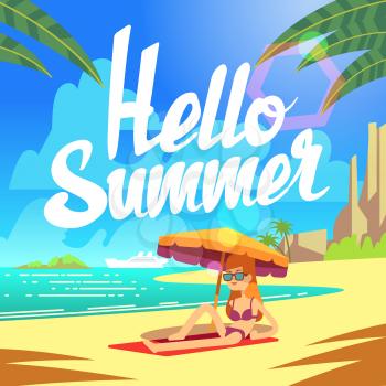Summer holiday vector background with sea beach and relaxing people. Holiday vacation ocean, illustration of tropical relaxation summer beach