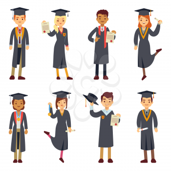 Young college graduate and university students vector characters set. People graduation school or college, illustration students graduate education,