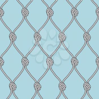 Marine rope fishnet with knots seamless vector background. Nautical repeating texture. Marine rope net, illustration of marine knotes node vintage
