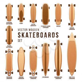 Different skateboard types vector templates set. Penny board and cruiser, boardwalking and speedboard illustration