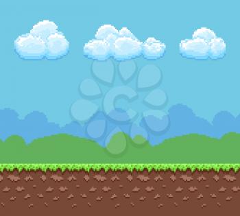 Pixel 8bit game vector background with ground and cloudy sky panorama. Nature landscape pixel background, illustration game interface pixel art