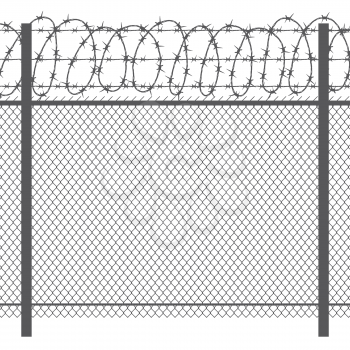 Prison privacy metal fence with barbed wire vector seamless black silhouette. Fence for prison security, illustration of wire fence for jai
